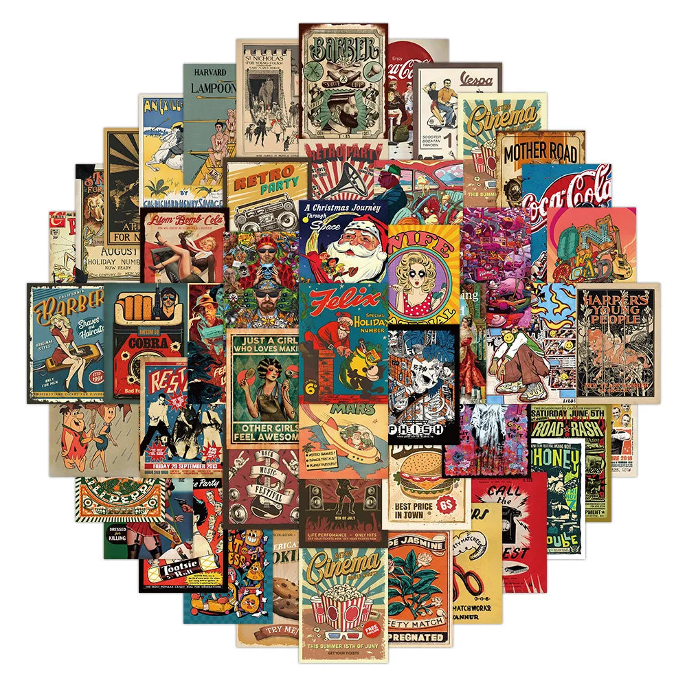 10/30/60PCS Retro American Style Vintage Poster Cartoon Stickers