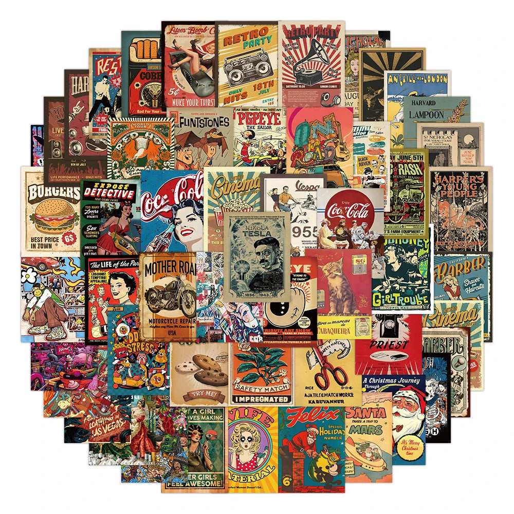 10/30/60PCS Retro American Style Vintage Poster Cartoon Stickers